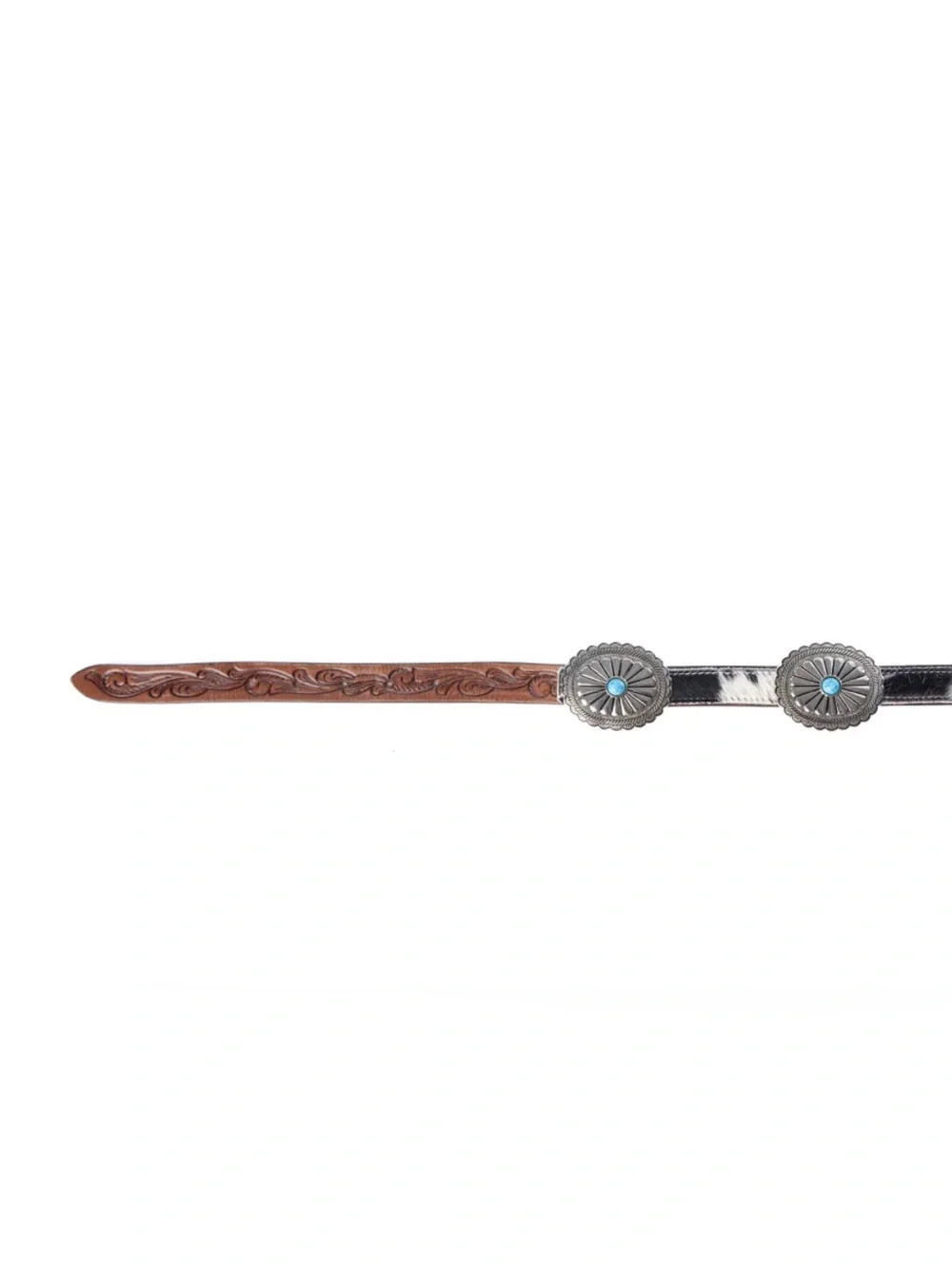Western Tooled Brown Leather Belt with Silver Turquoise Accents